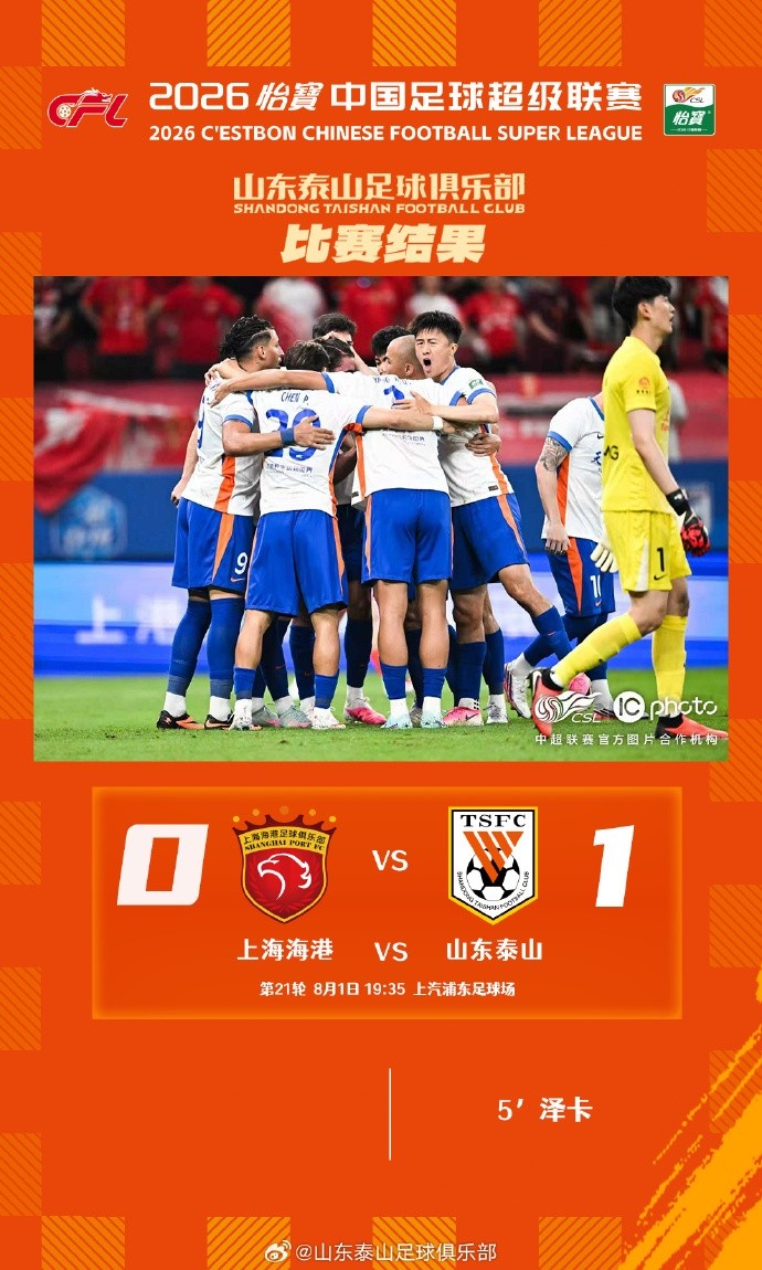 泽卡开场闪击 山东泰山客场1-0击败上海海港