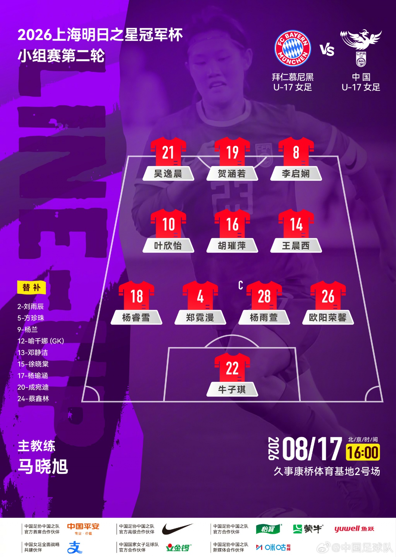 明日之星冠军杯次轮首发出炉 中国U17女足迎战拜仁