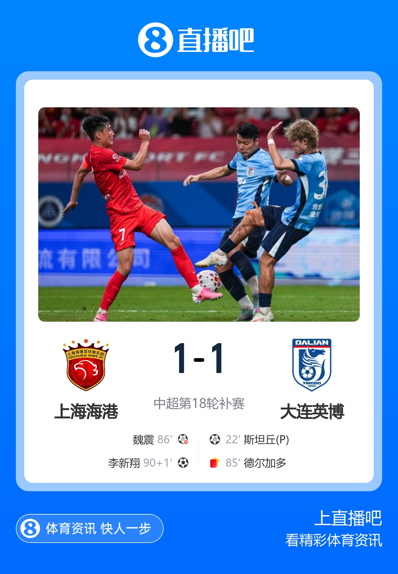补时绝平海港1-1英博 李新翔头球救主魏震失点